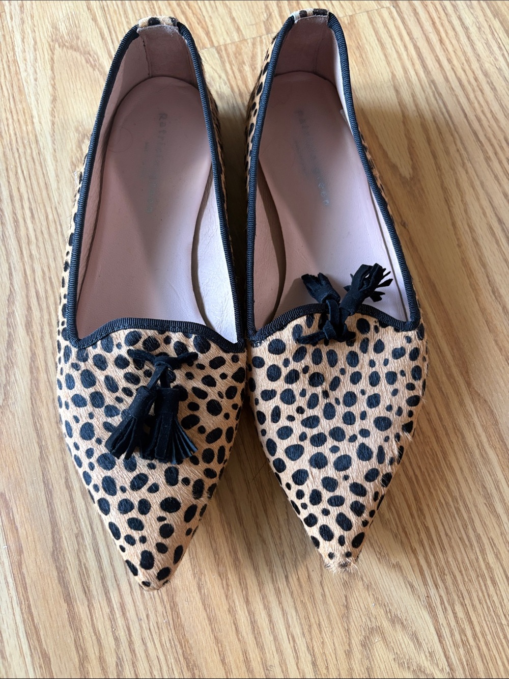 Pointed Leopard-Print Tassel Flats in Tan & Black